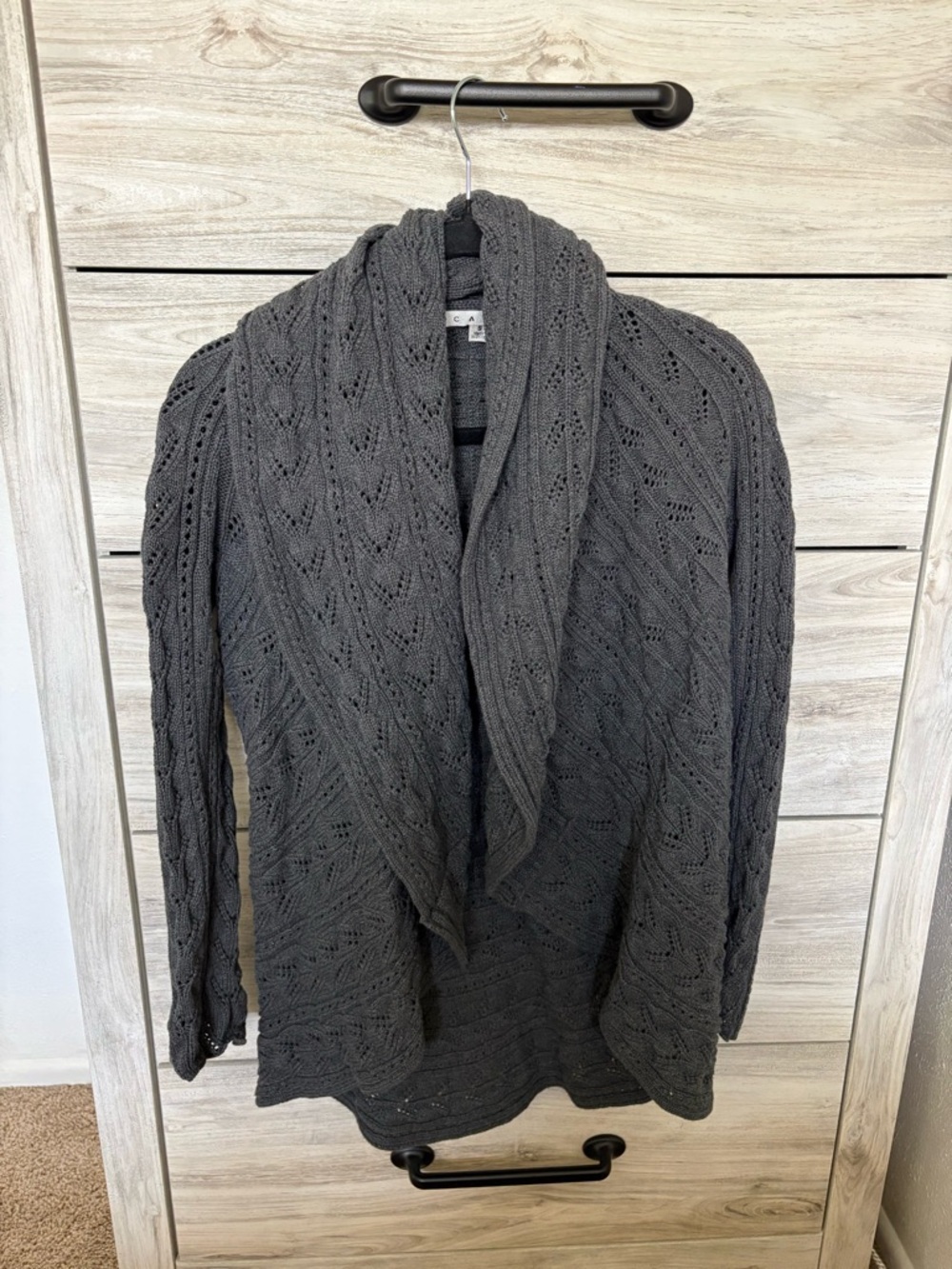 CAbi Charcoal Open-Front Shawl Collar Knit Cardigan